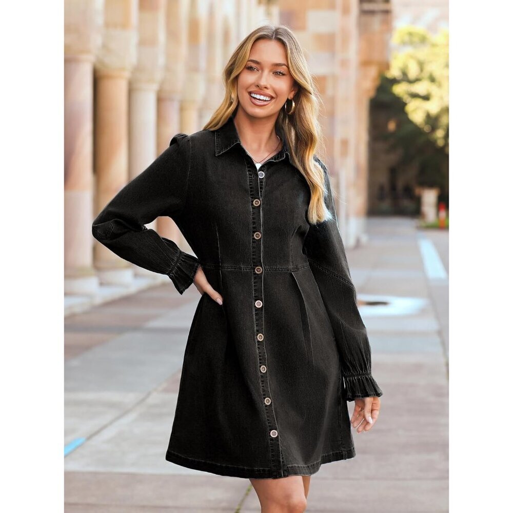 Women's Denim Dress Long Sleeve Mini Casual Button Pockets 2025 Fall - Picture 3 of 6